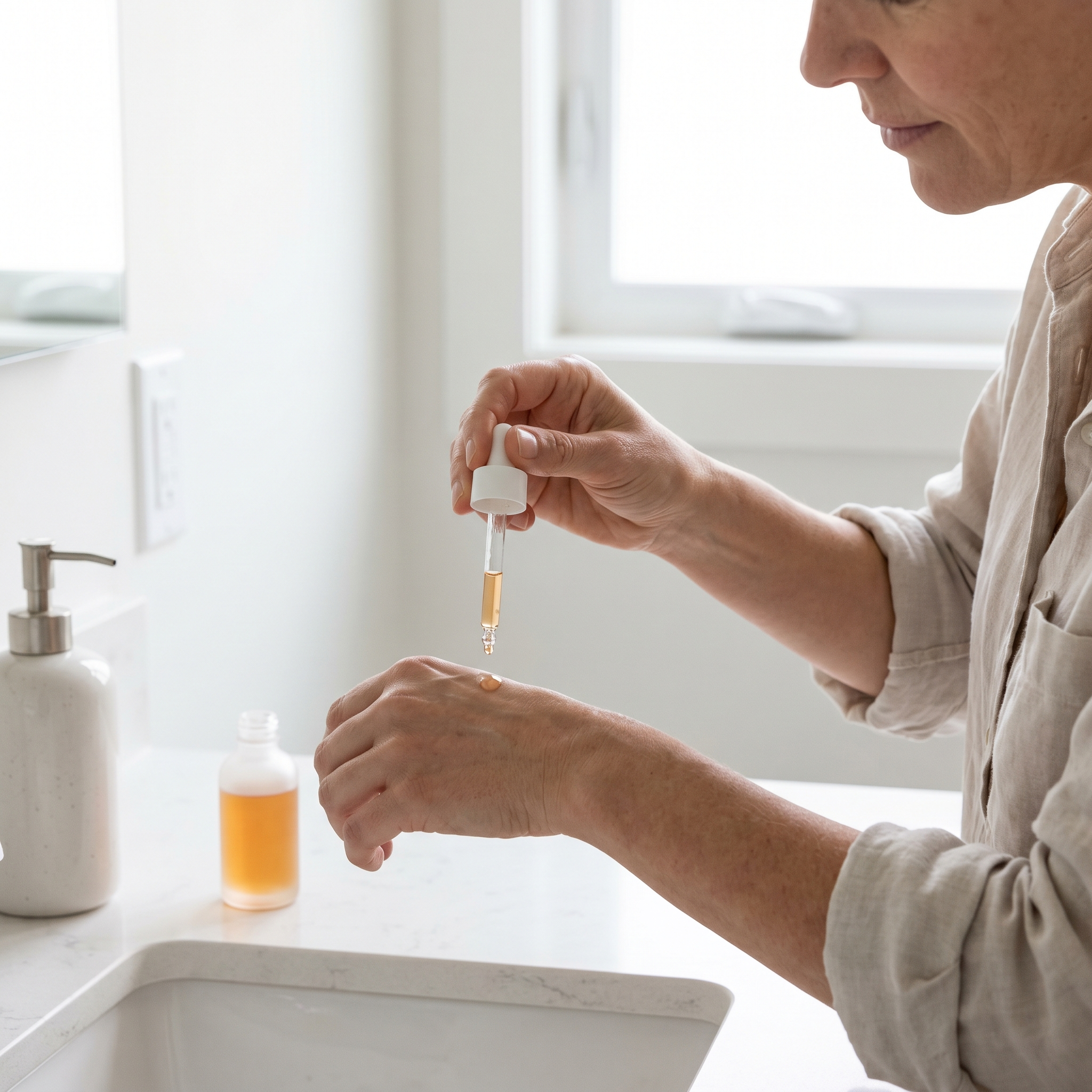 Person applying Hydra Glow Facial Serum with a dropper in a bright bathroom