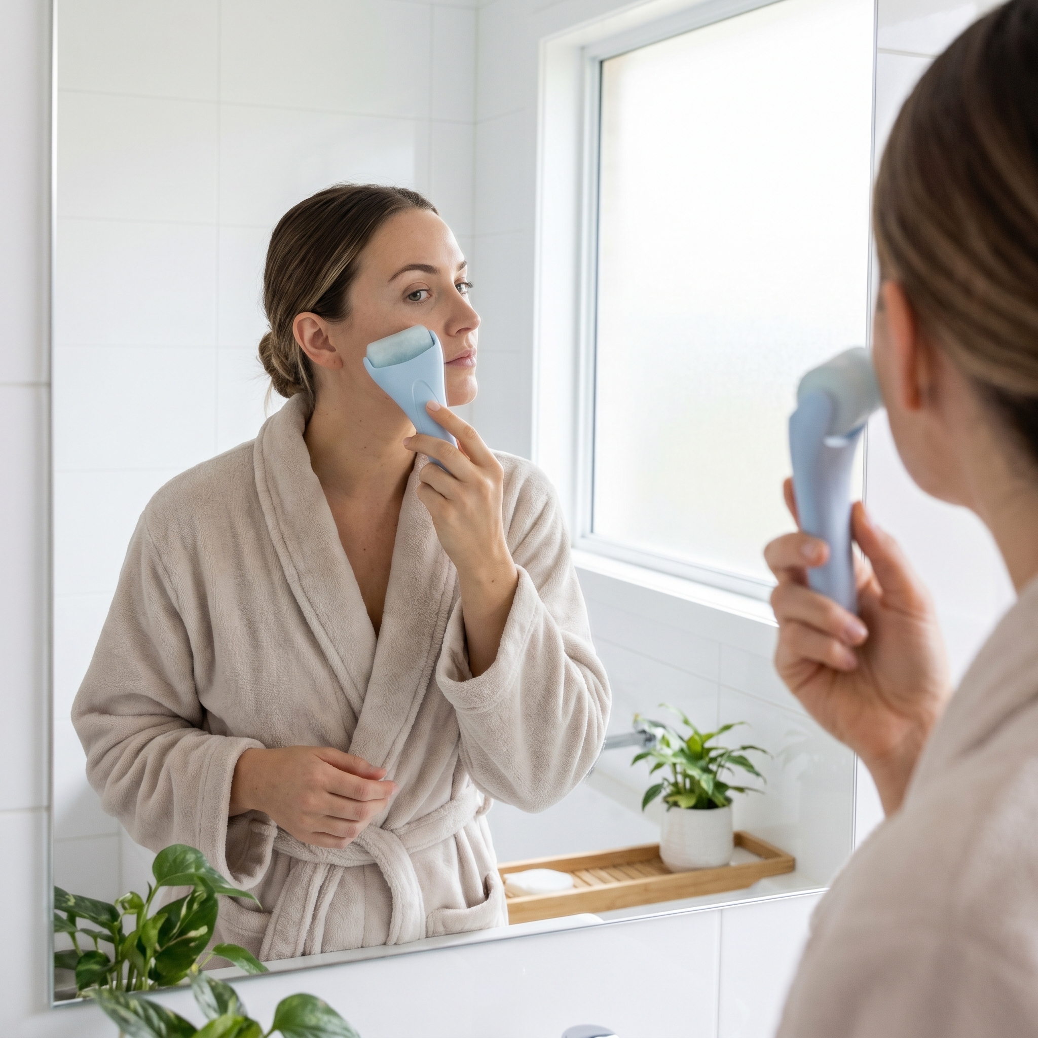 Person using a cooling facial ice roller on their cheek