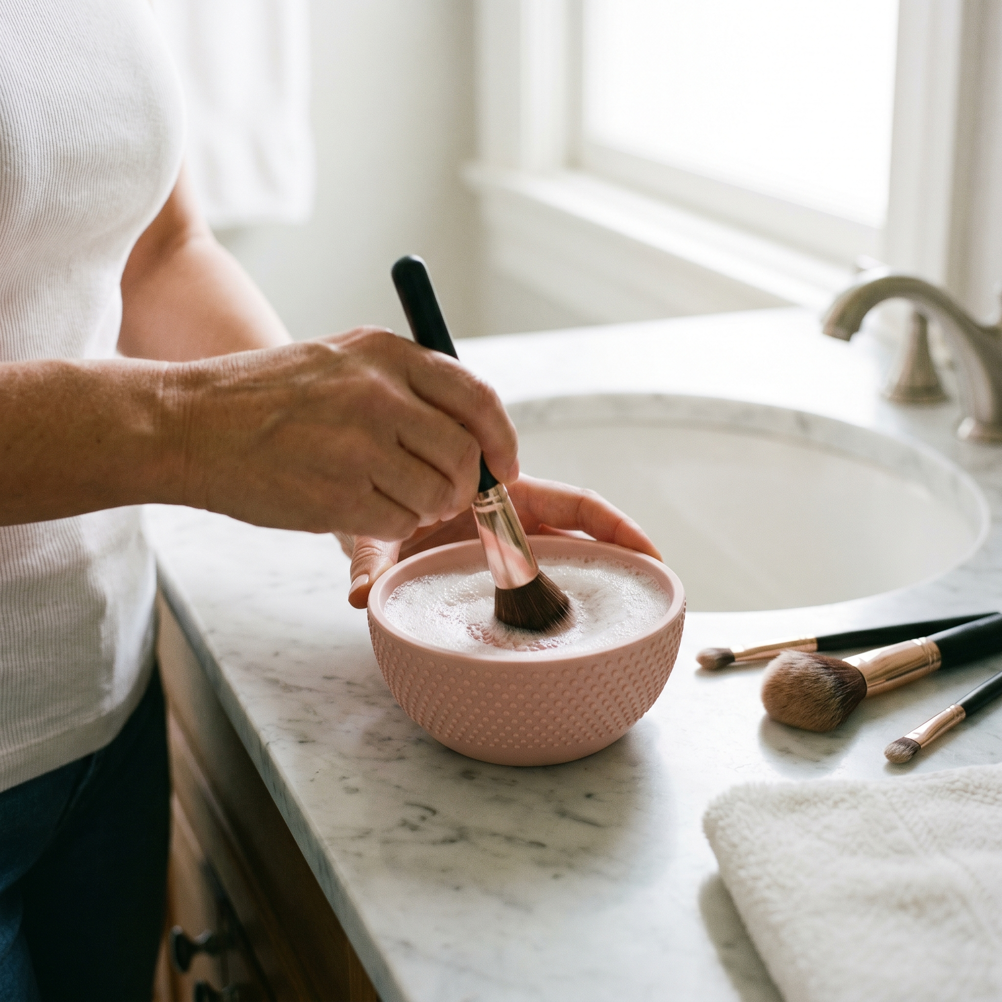 Person cleaning a makeup brush in a silicone cleaner bowl