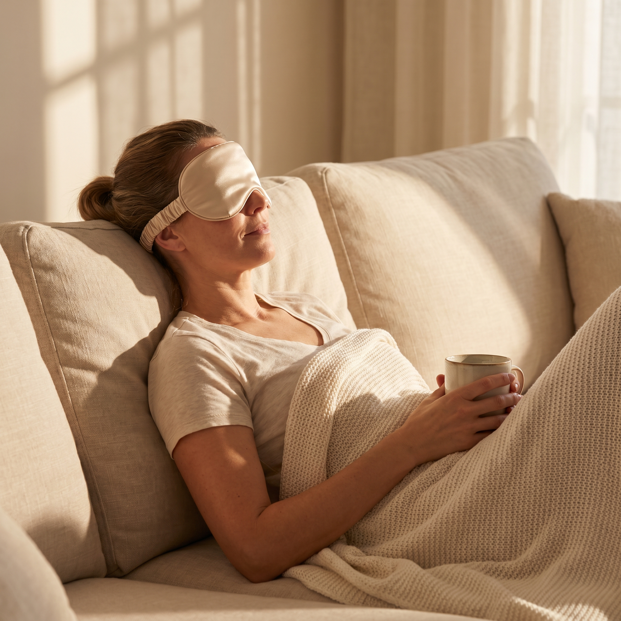 Person wearing a satin sleep mask while resting on a sofa