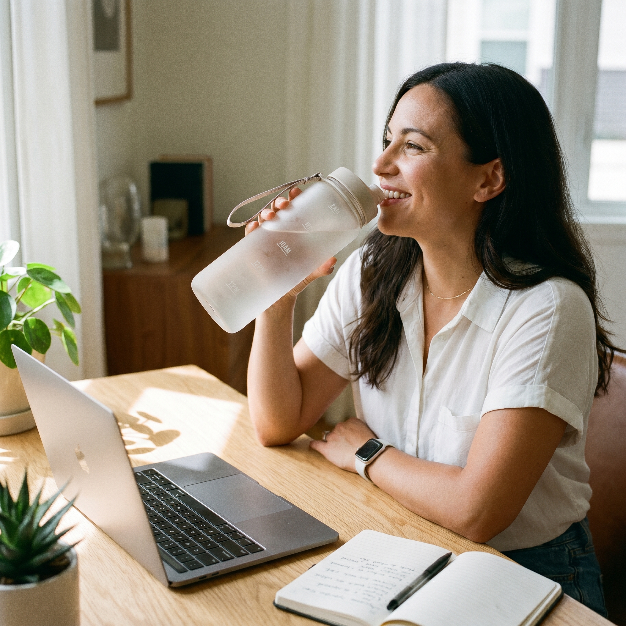 Person drinking from a hydration reminder bottle at a desk