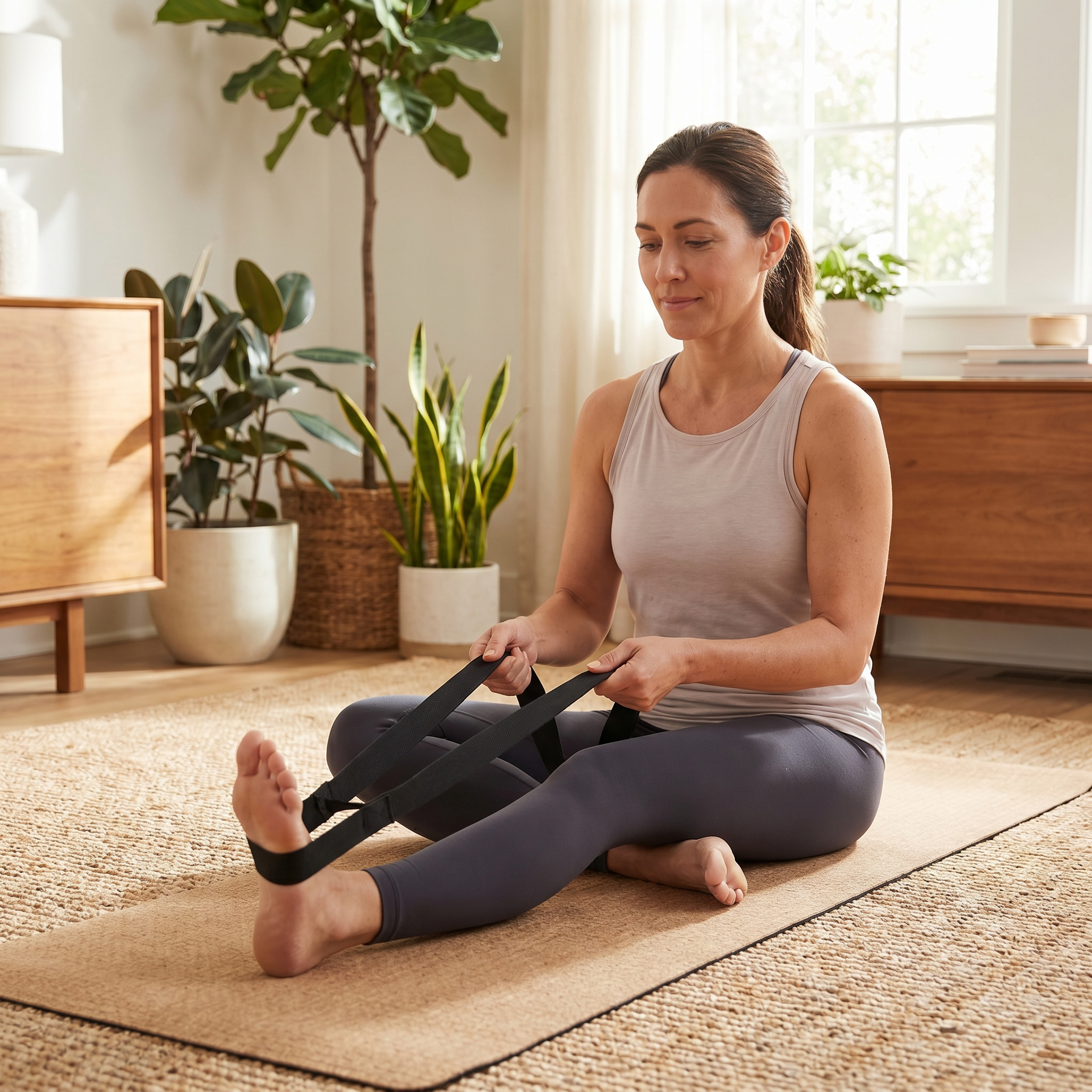 Person using a looped mobility strap for a leg stretch