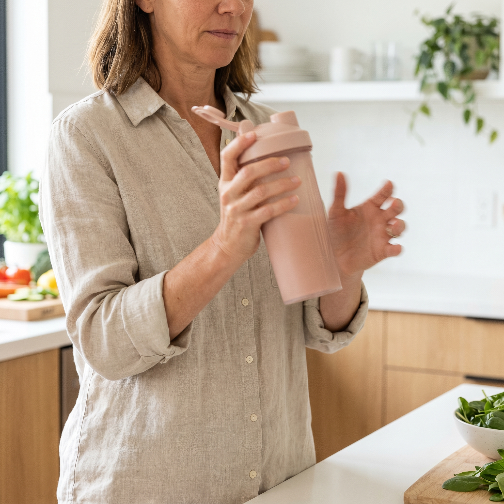 Person shaking a beauty supplement shaker bottle in a kitchen
