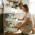 Person sliding out a two-tier under sink organizer in a kitchen cabinet