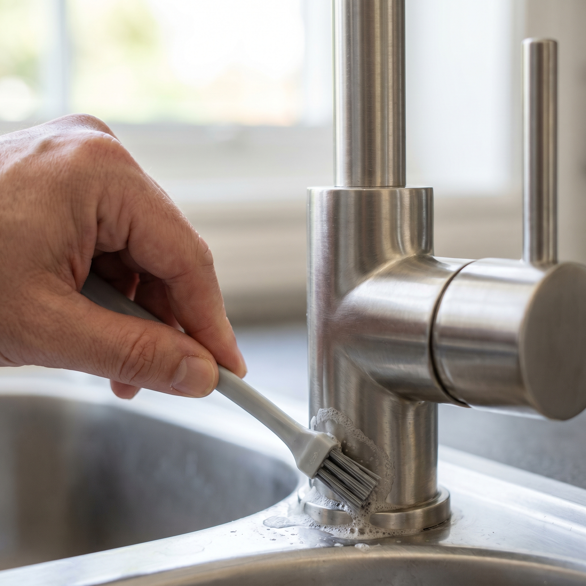 Person using a crevice cleaning brush around a sink faucet