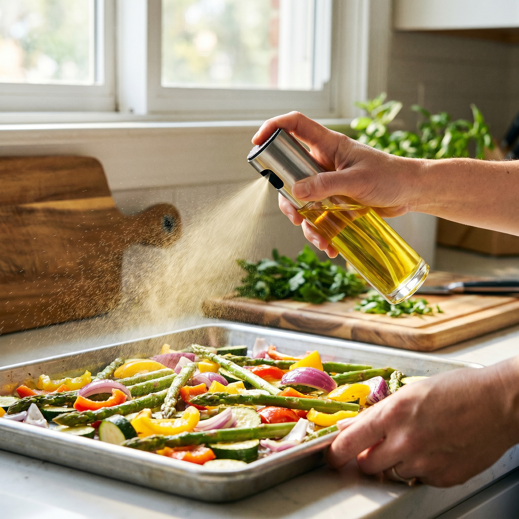 Person spraying oil from a glass oil sprayer onto vegetables
