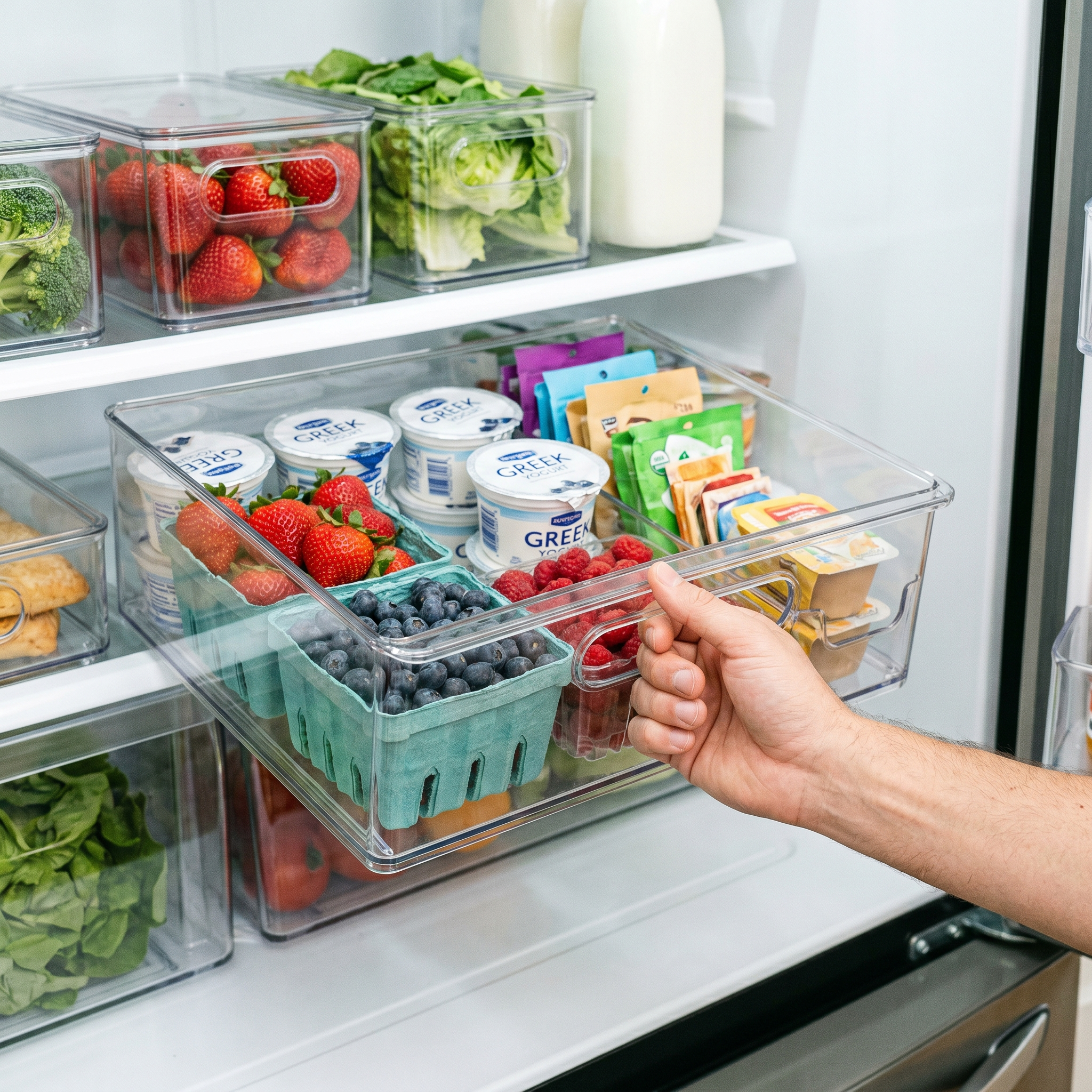 Person pulling out a clear fridge organizer drawer