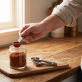 Person measuring spices with a magnetic measuring spoon