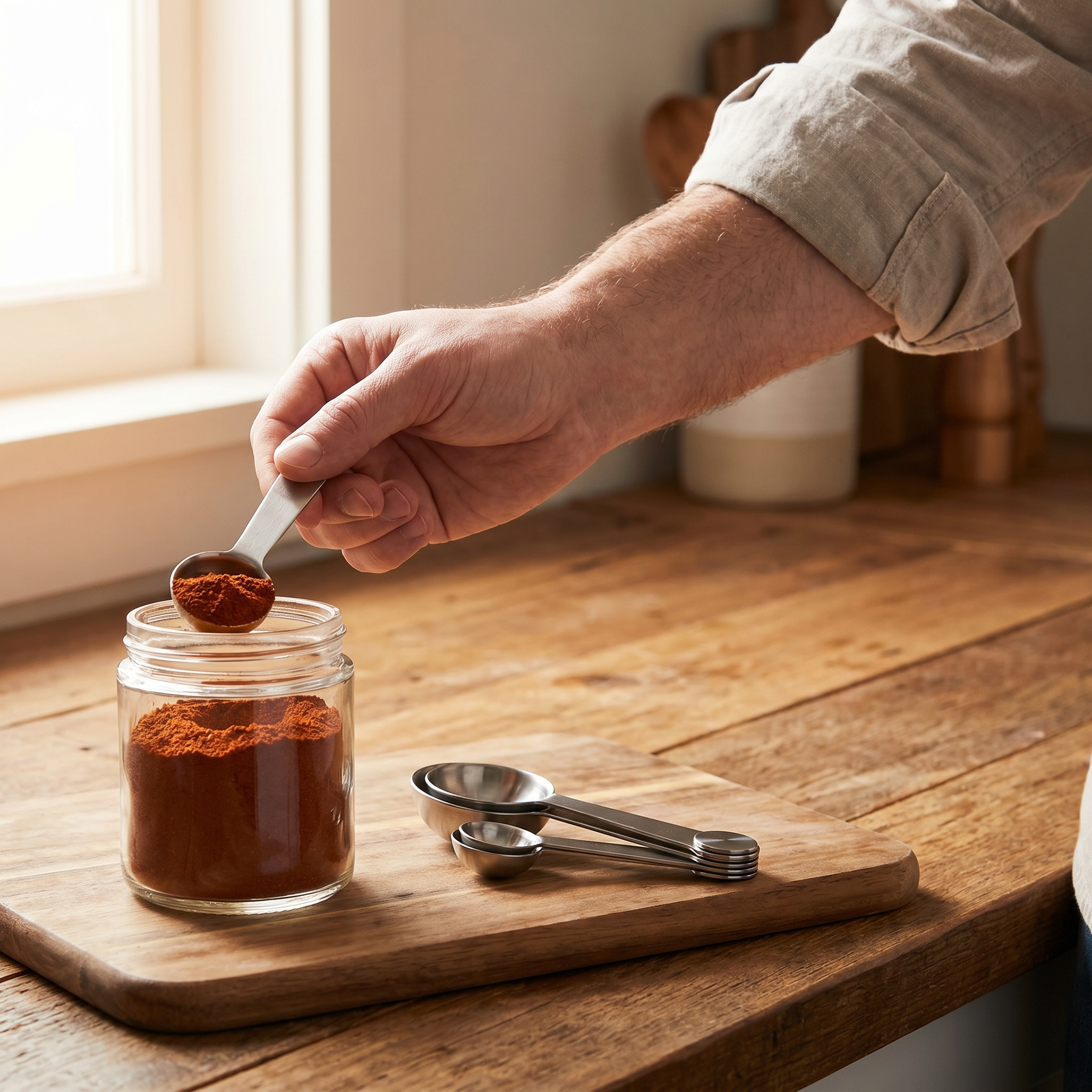 Person measuring spices with a magnetic measuring spoon