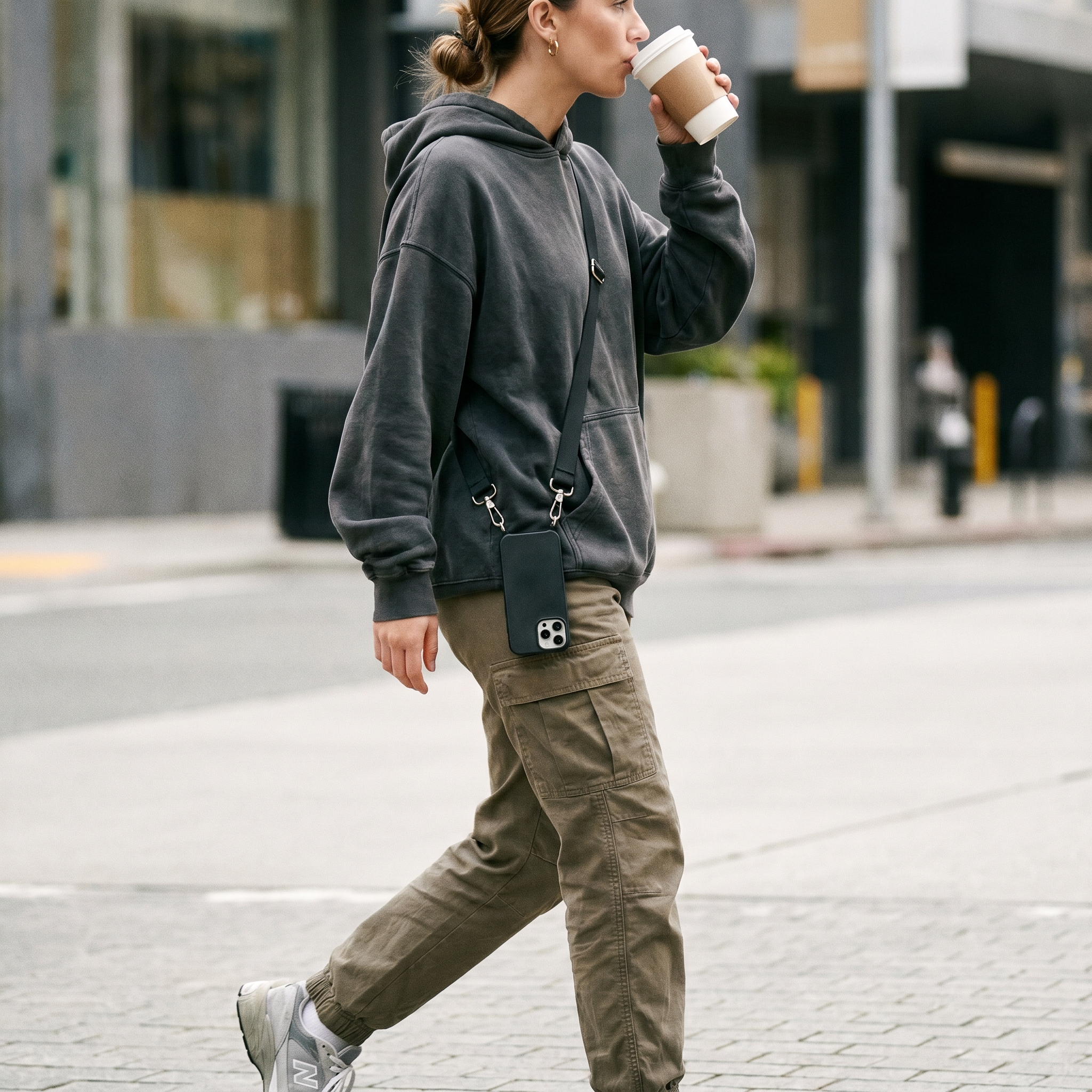 Person wearing a crossbody phone lanyard case while walking