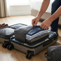 Person zipping a compression packing cube in a suitcase