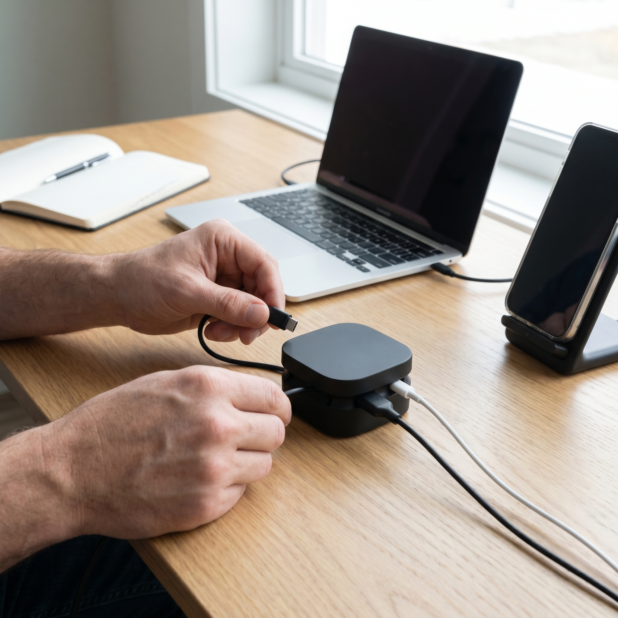Person routing charging cables through a USB-C cable organizer hub