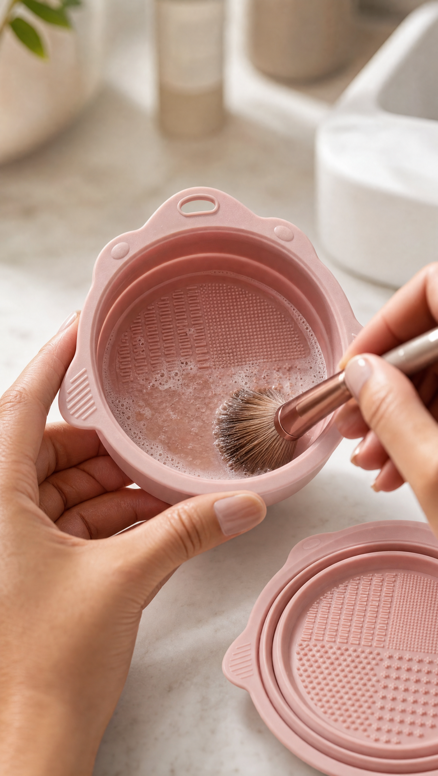 Person using Makeup Brush Cleaner Bowl Set in a realistic lifestyle scene