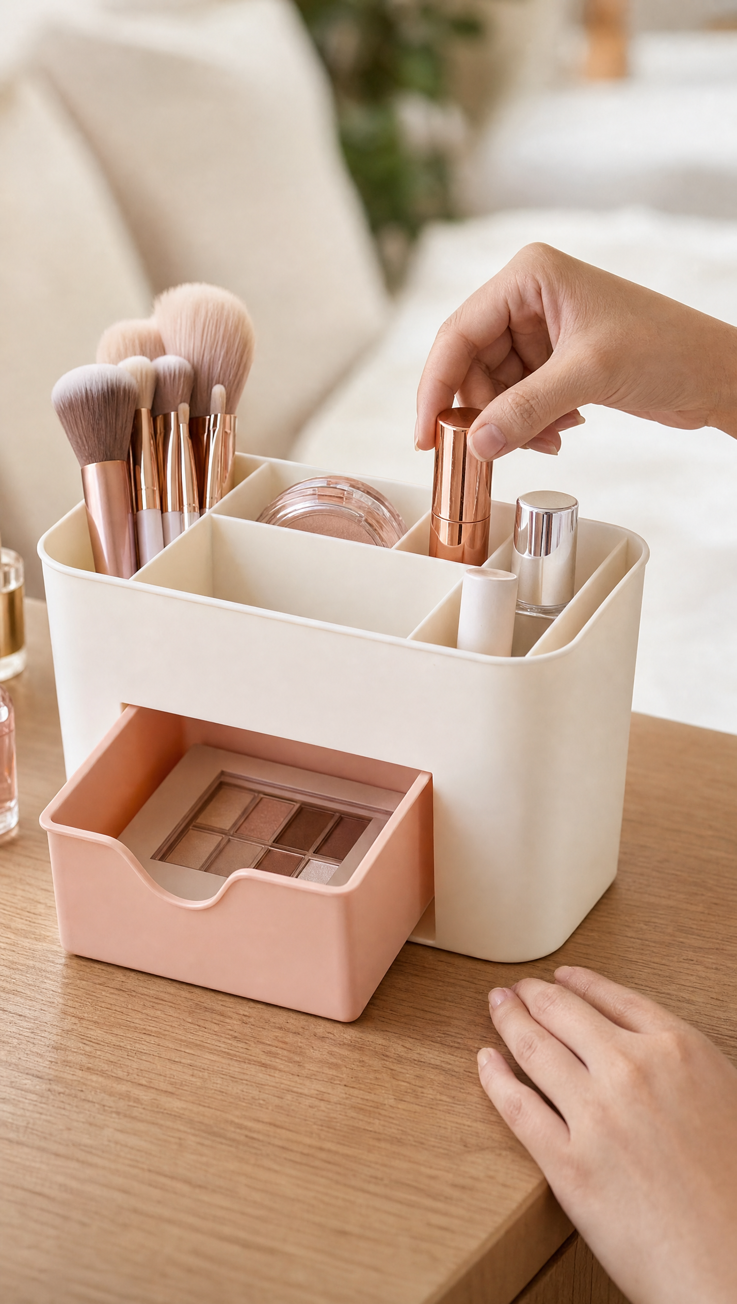 Person using Vanity Makeup Organizer in a realistic lifestyle scene