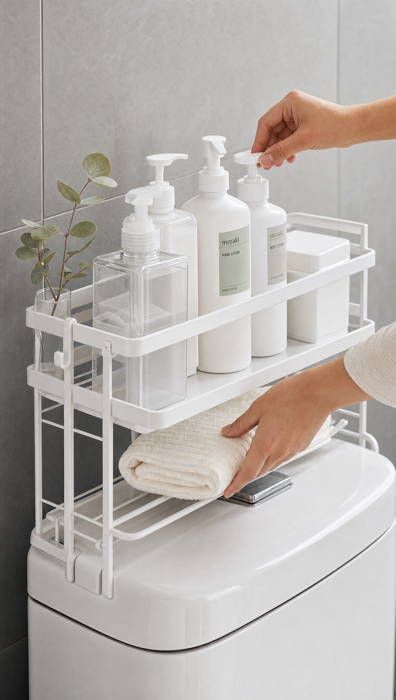 Person using Over-Toilet Bathroom Storage Shelf in a realistic lifestyle scene