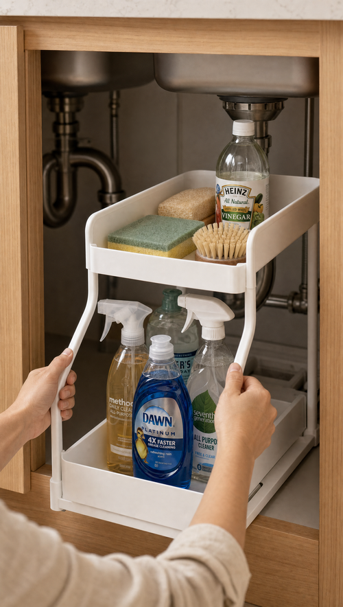 Person using 2-Tier Under Sink Organizer in a realistic lifestyle scene