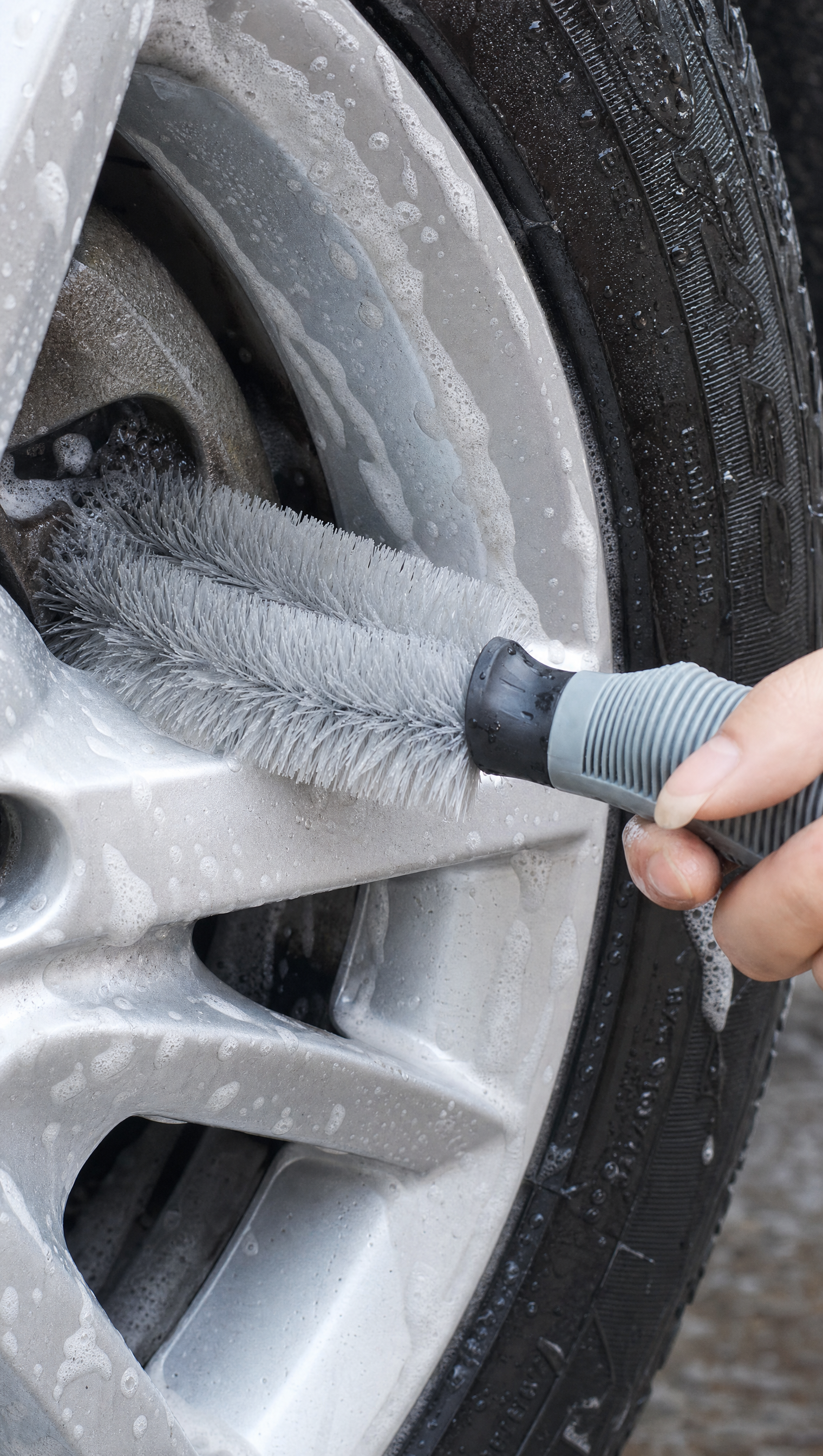 Person using Wheel and Rim Cleaning Brush in a realistic lifestyle scene