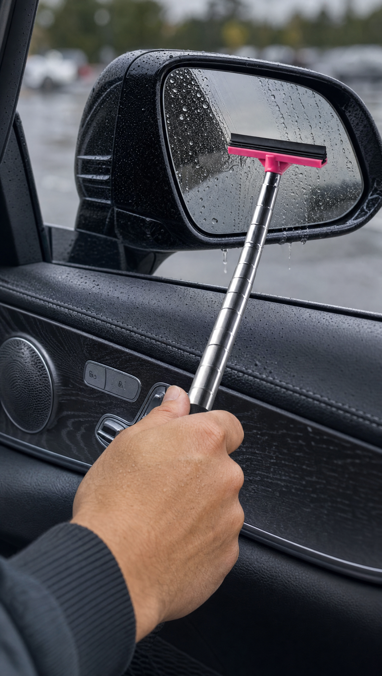 Person using Telescoping Car Mirror Wiper in a realistic lifestyle scene