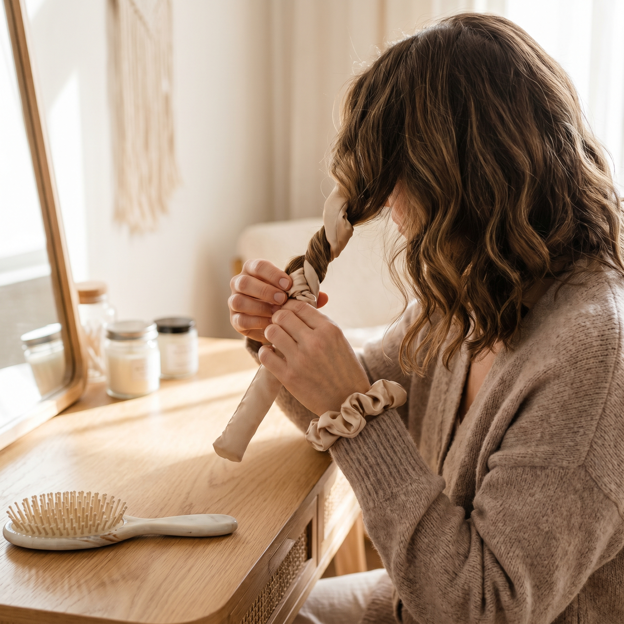 Person wrapping hair around a heatless curling ribbon