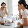 Person removing makeup with a reusable microfiber pad