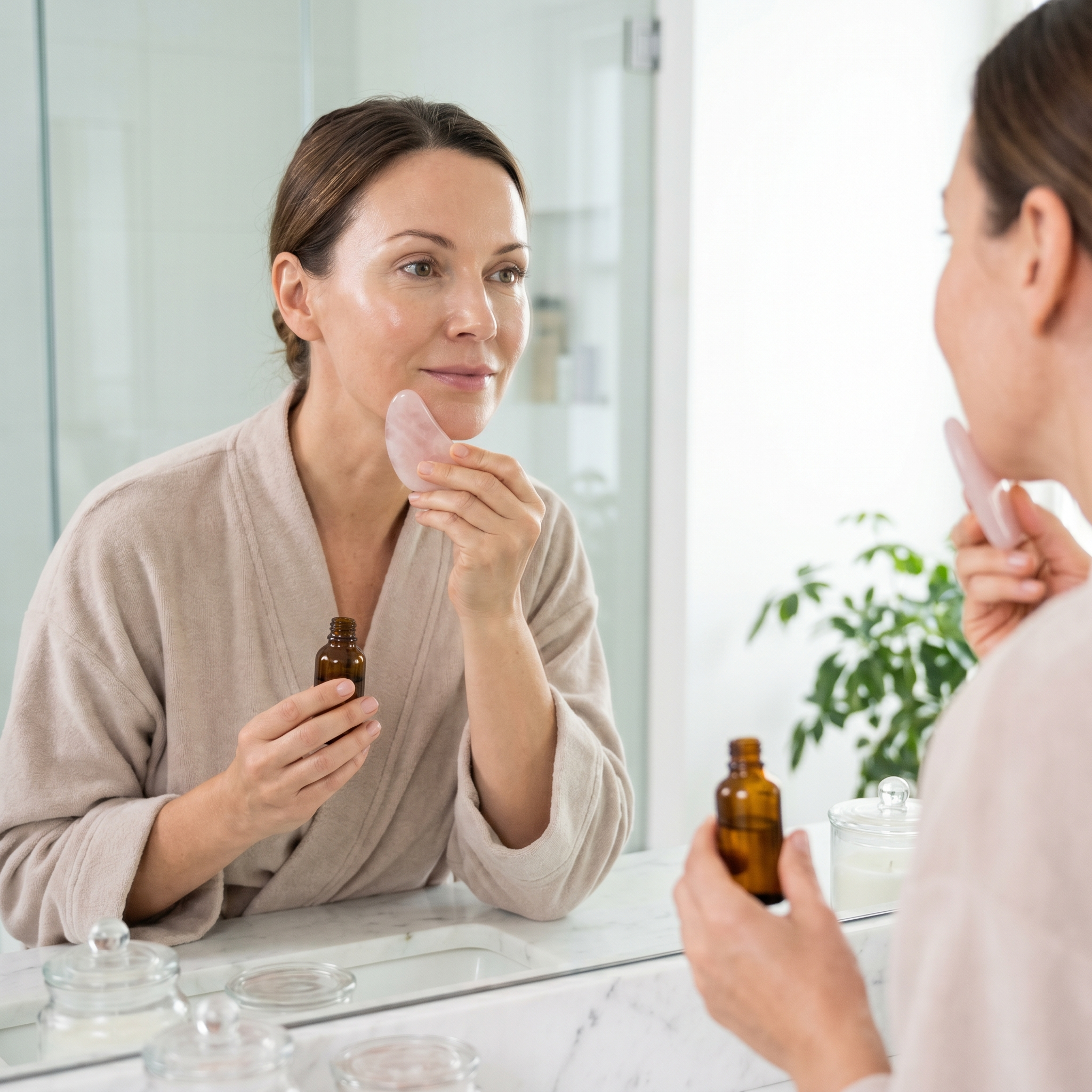 Person using a rose quartz gua sha tool on their cheek