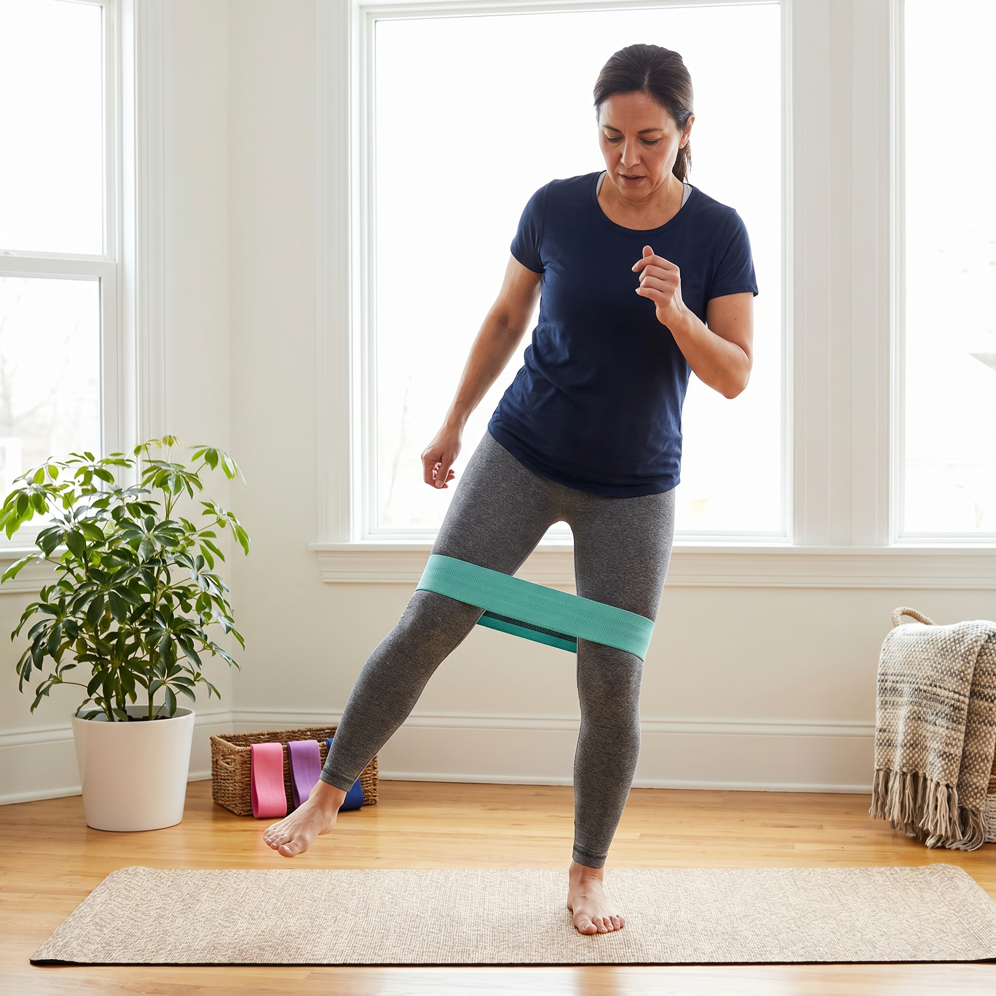 Person using resistance loop bands for a home workout