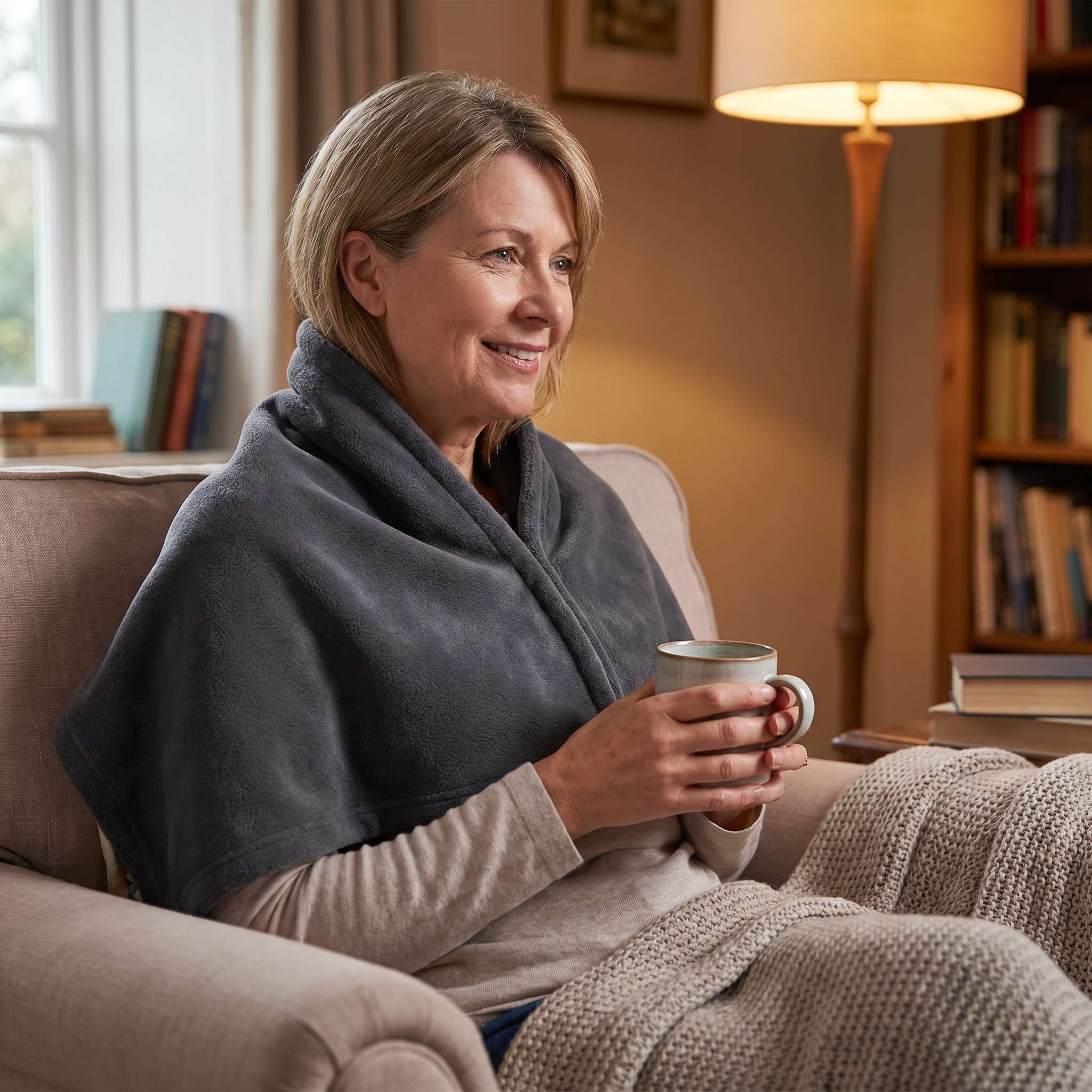 Person wearing a neck and shoulder heat wrap while relaxing