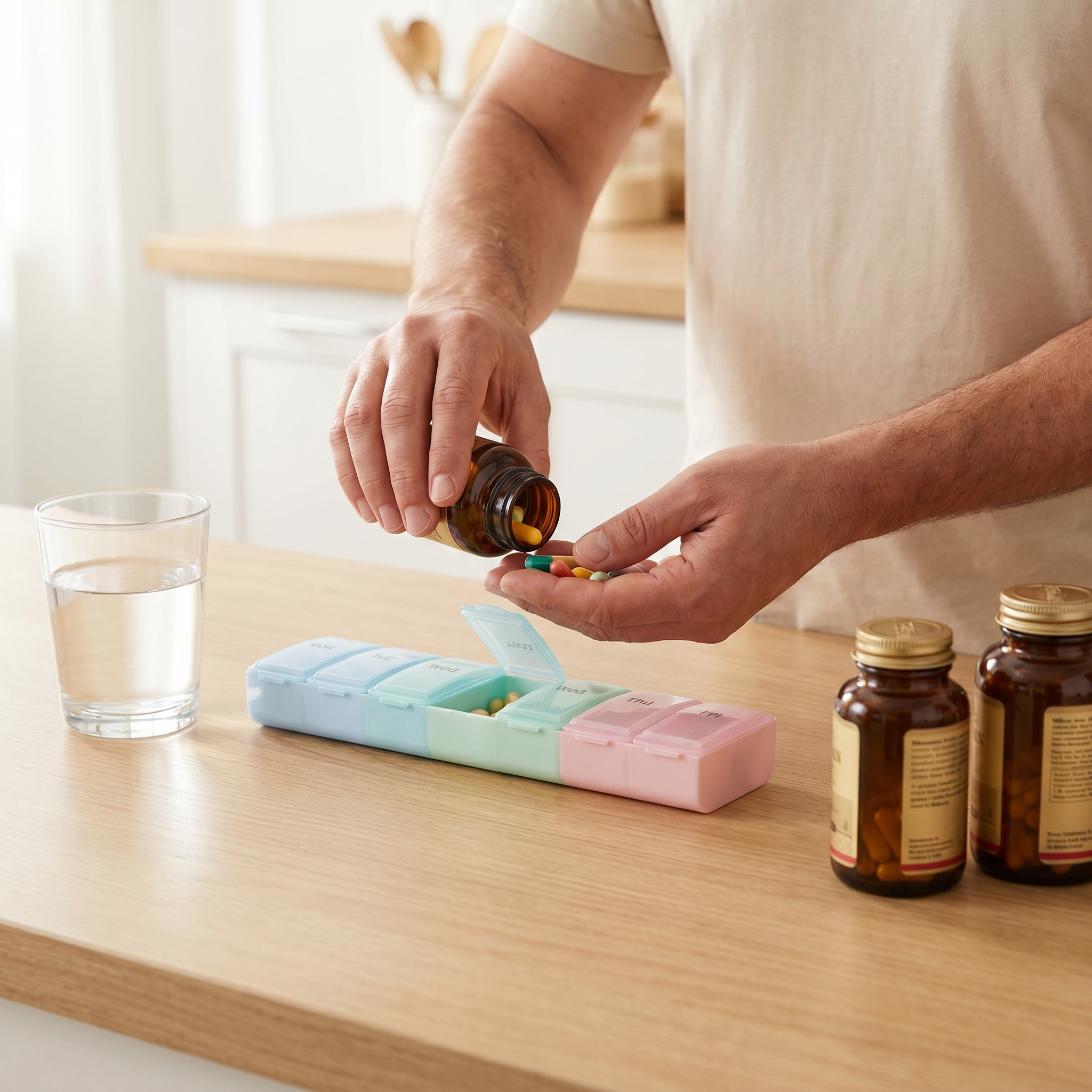 Person filling a weekly wellness pill organizer at a kitchen counter