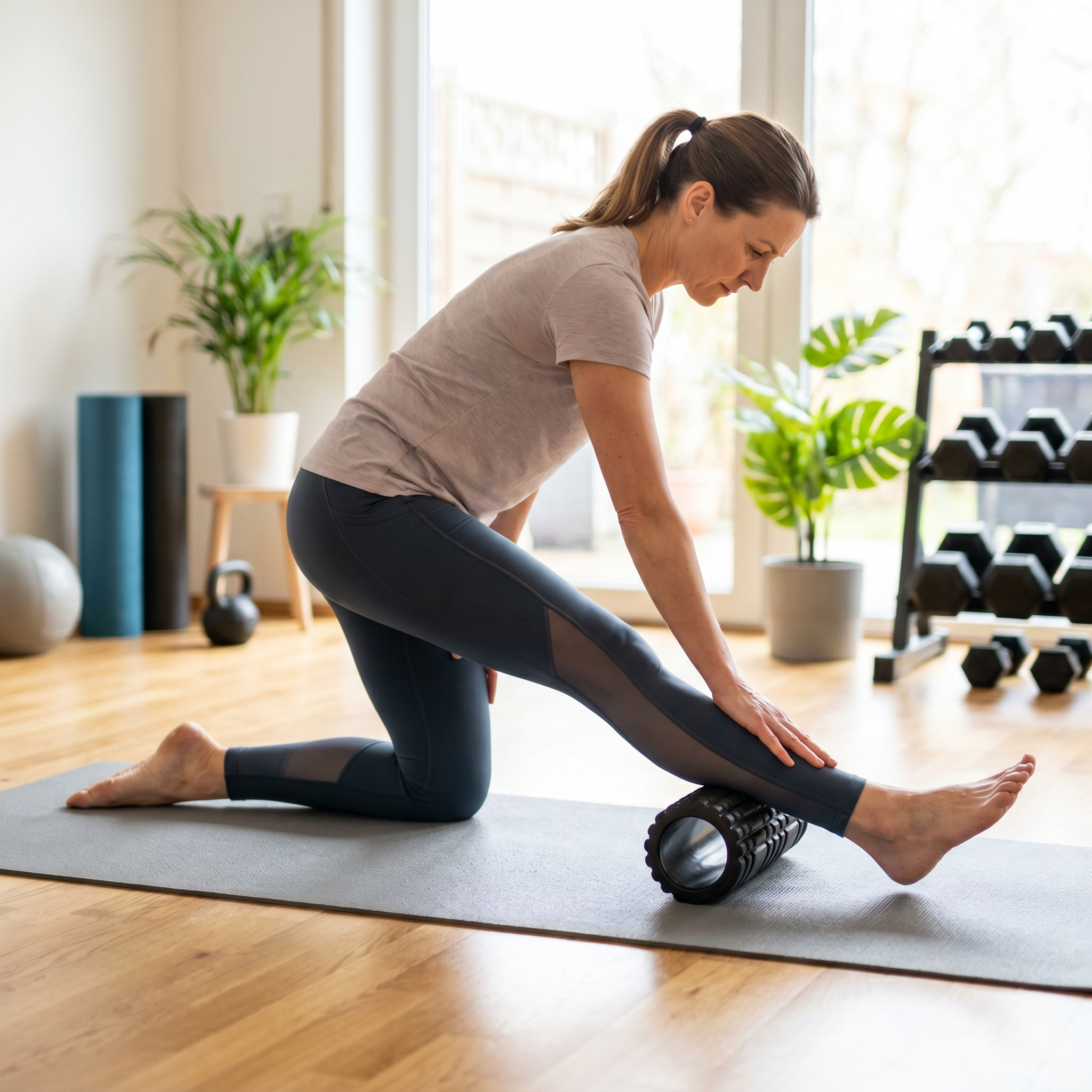 Person using a compact foam roller on a yoga mat