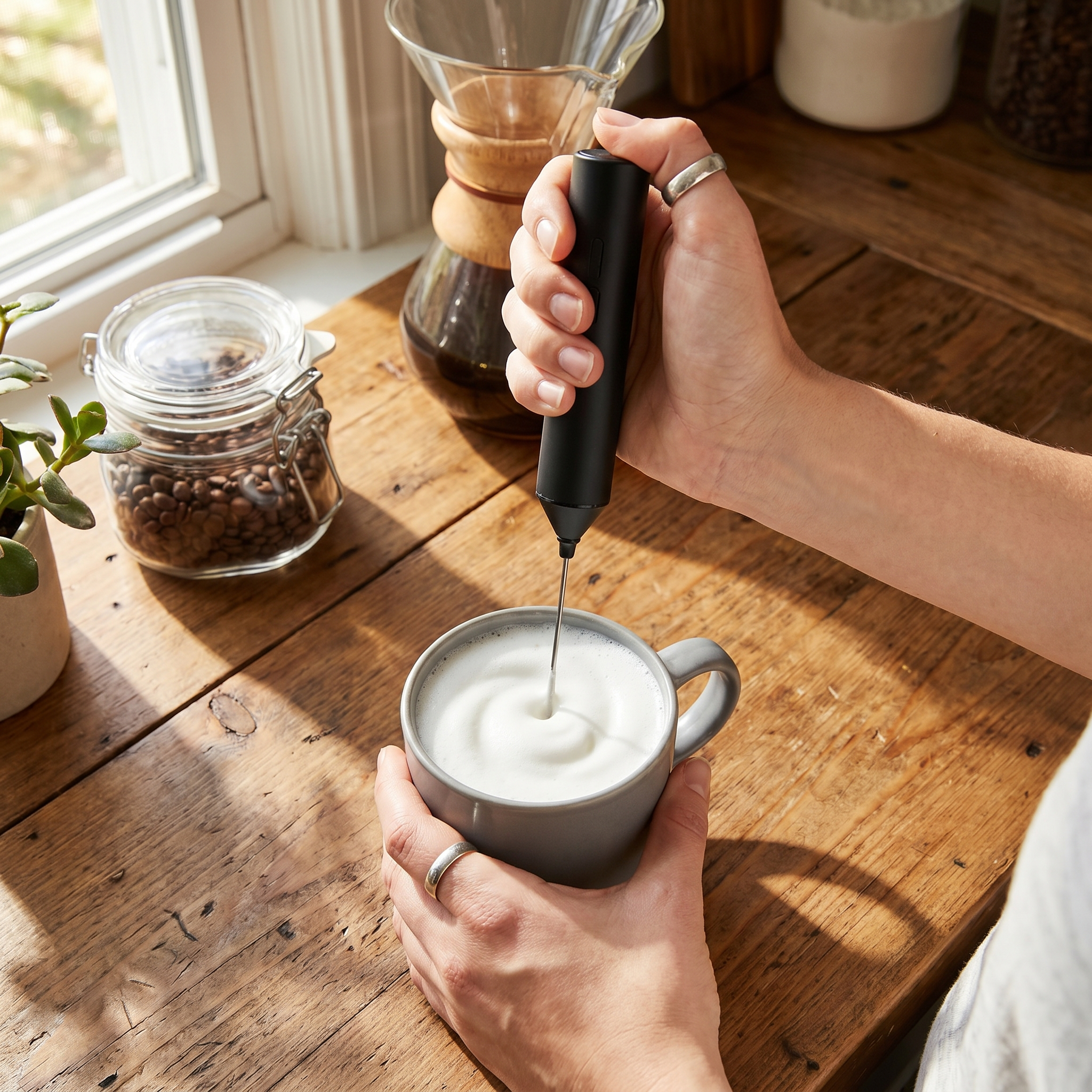 Person using an electric milk frother wand in a mug