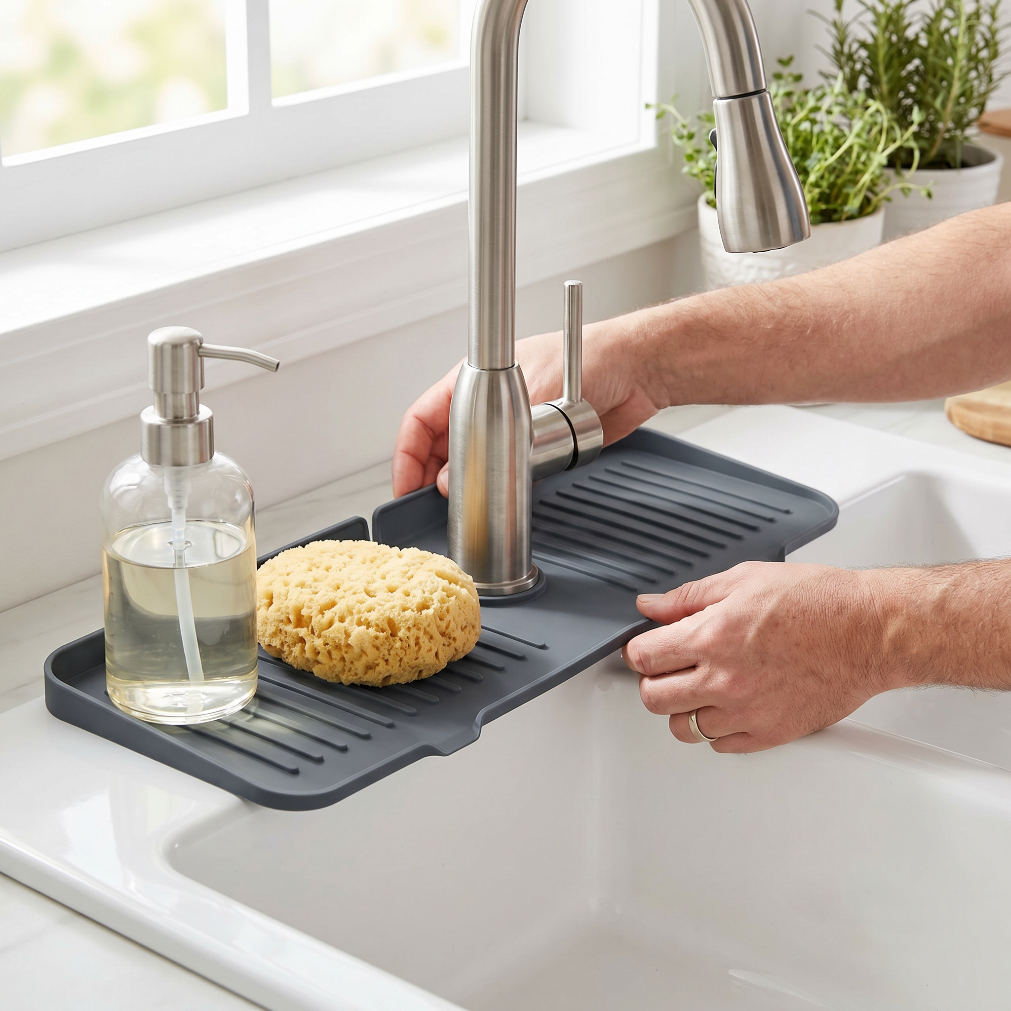 Person placing a sink splash guard drying mat around a faucet