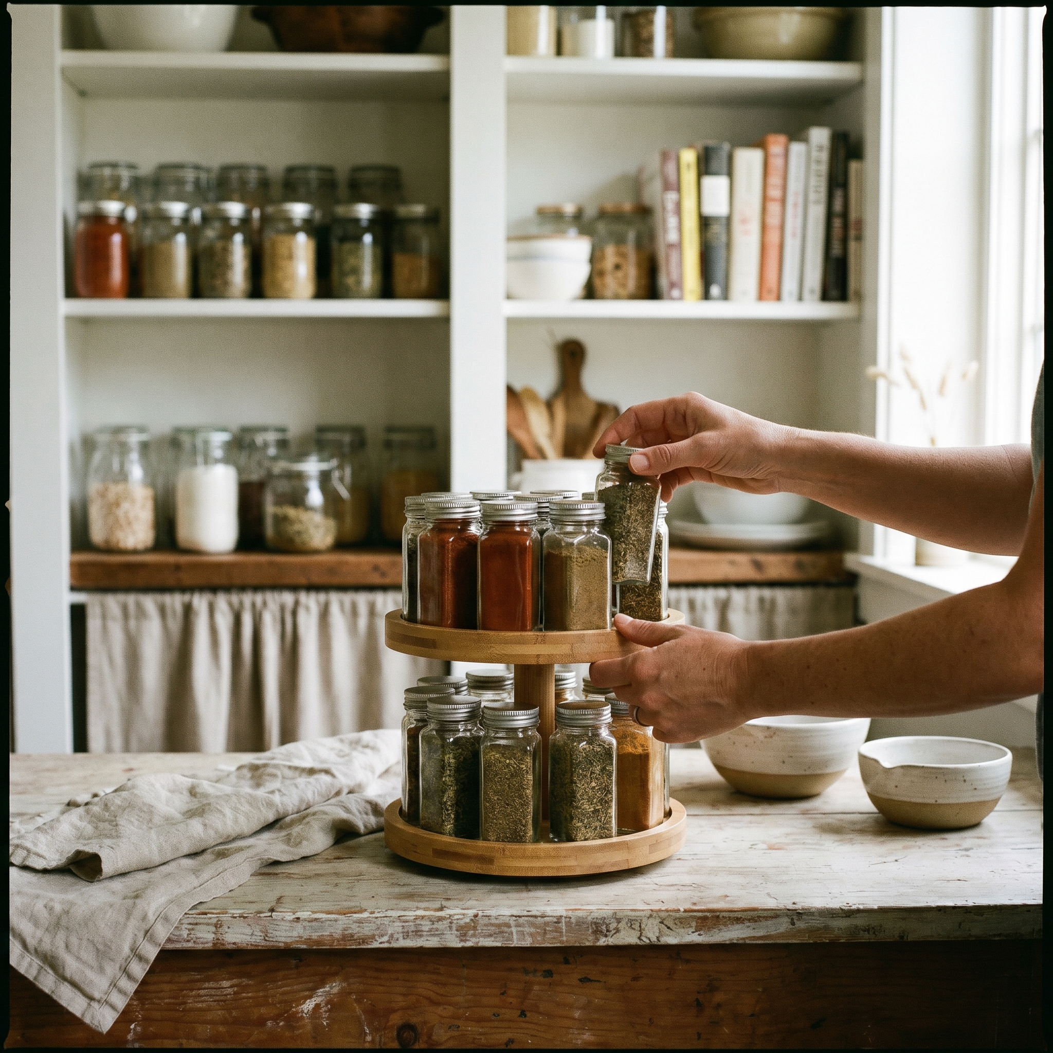 Person turning a rotating spice jar rack in a kitchen