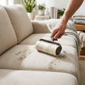Person using a reusable lint roller on a sofa cushion