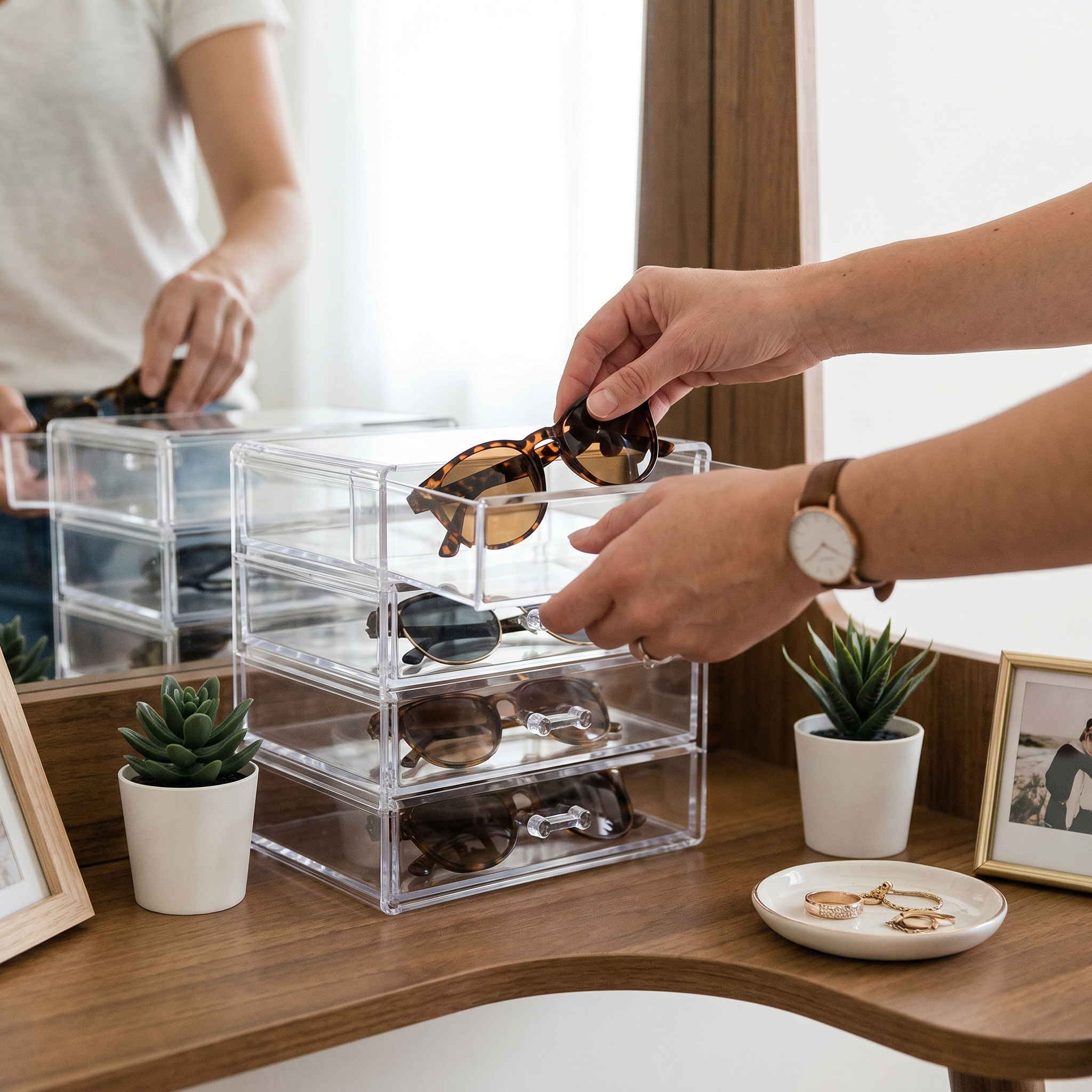 Person placing sunglasses into a stackable organizer