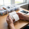 Person printing a label with a wireless mini label printer