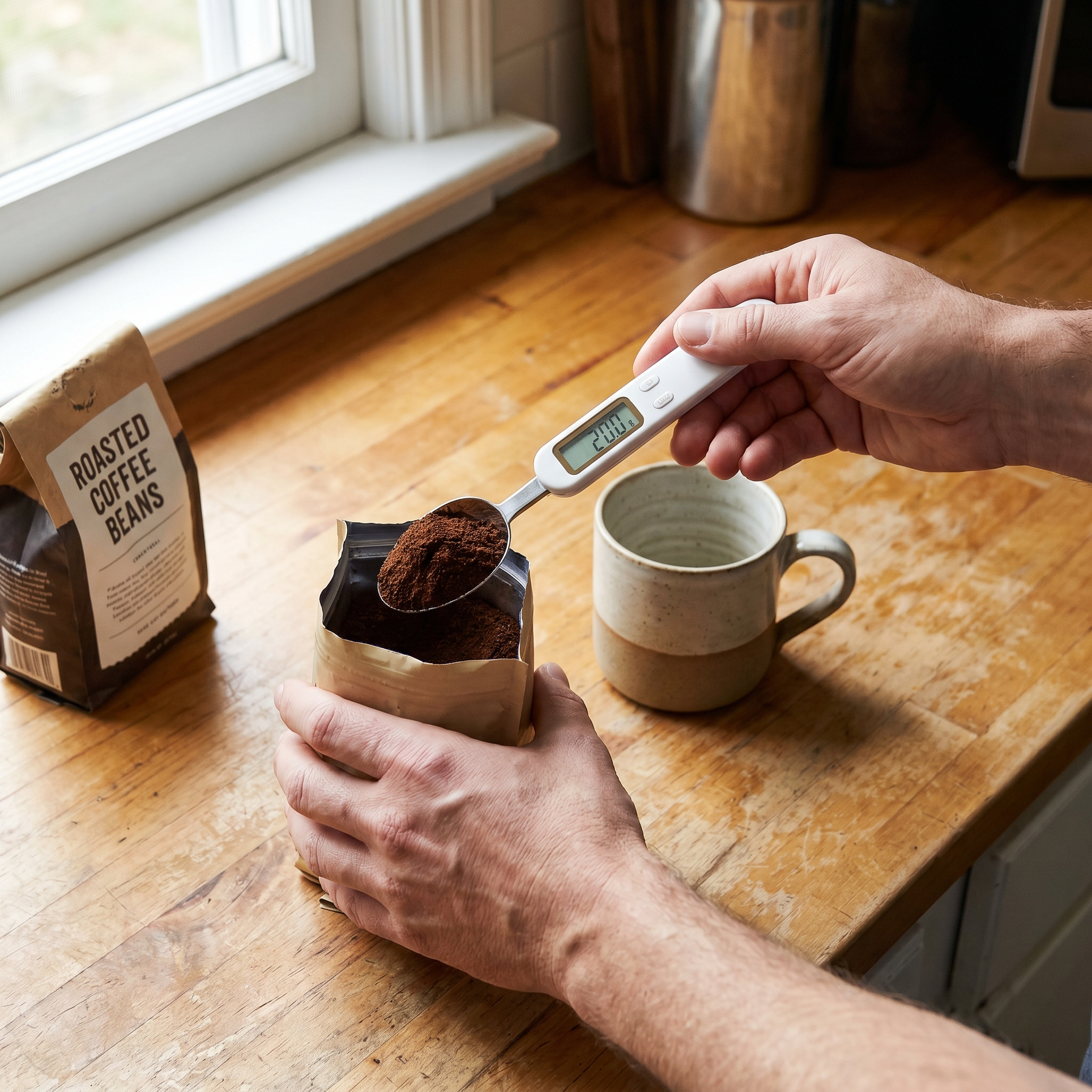 Person measuring coffee grounds with a digital kitchen spoon scale