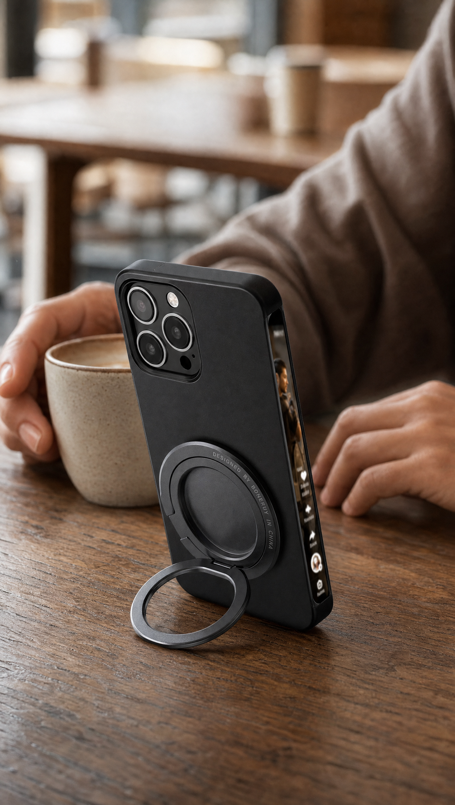 Person using Magnetic Phone Ring Stand in a realistic lifestyle scene