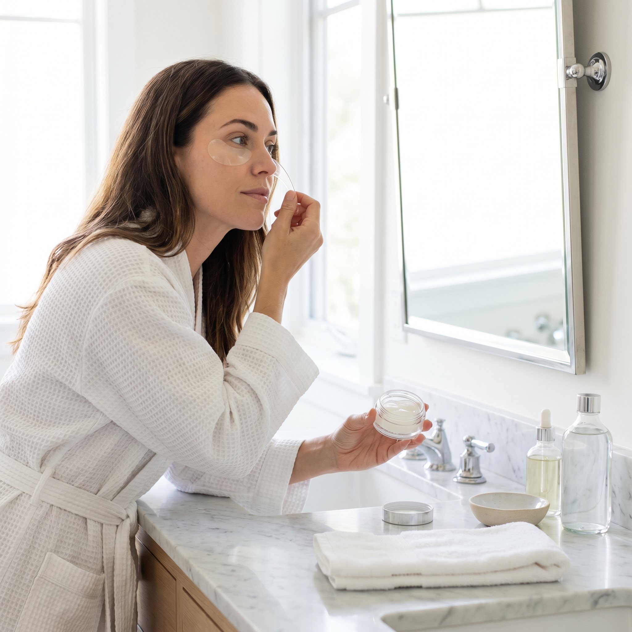 Person applying hydrogel under eye patches at a bathroom vanity