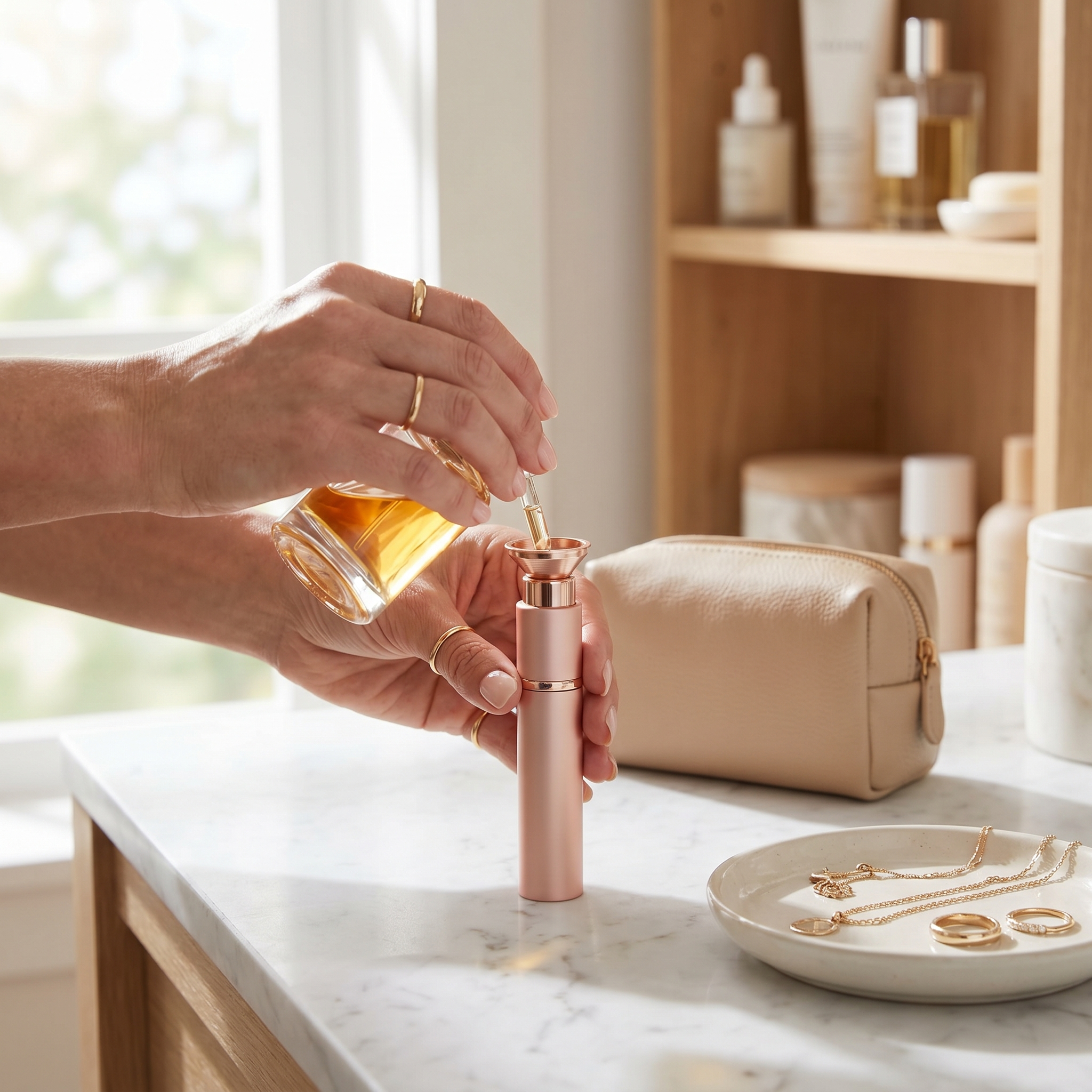 Person filling a refillable perfume atomizer at a vanity