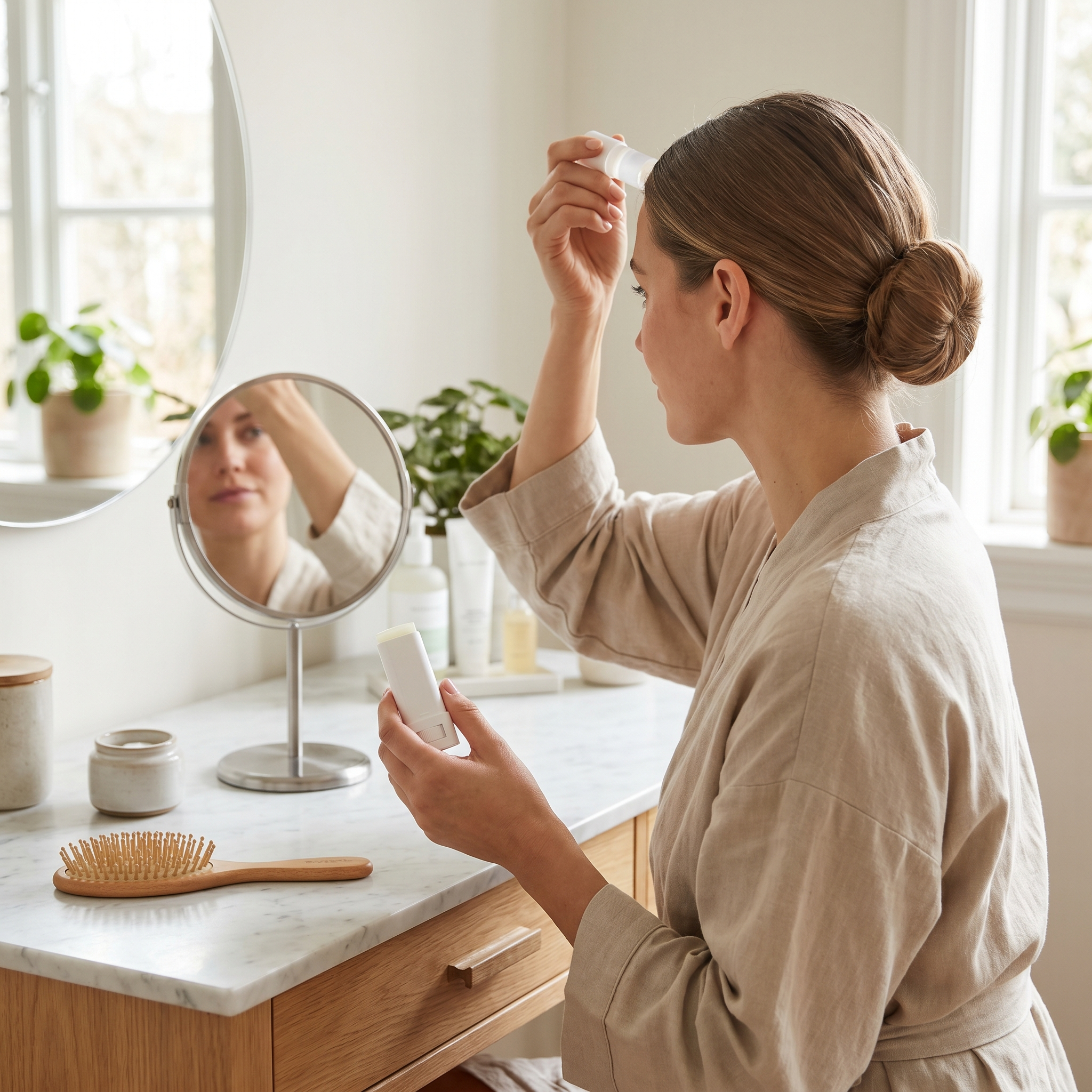Person smoothing flyaway hair with a hair finishing wax stick