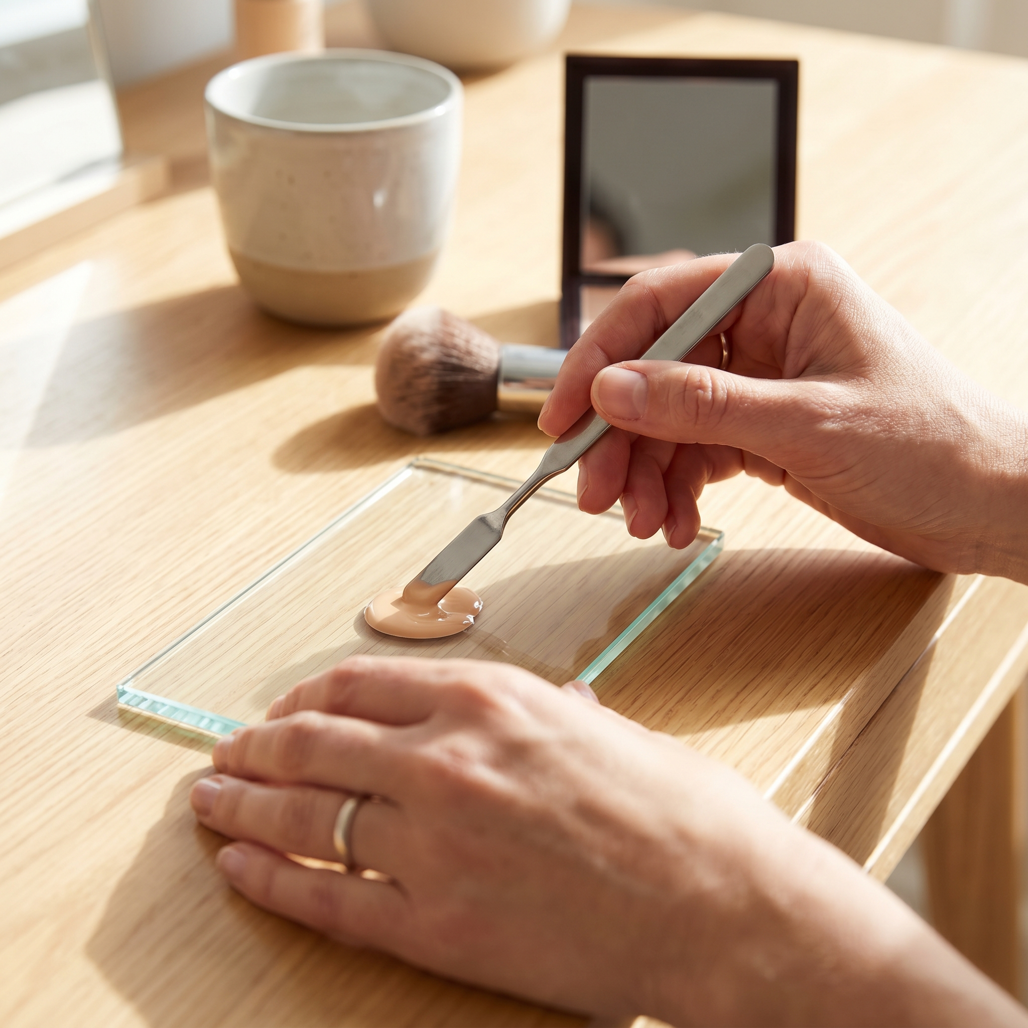 Person using a stainless makeup spatula to mix foundation