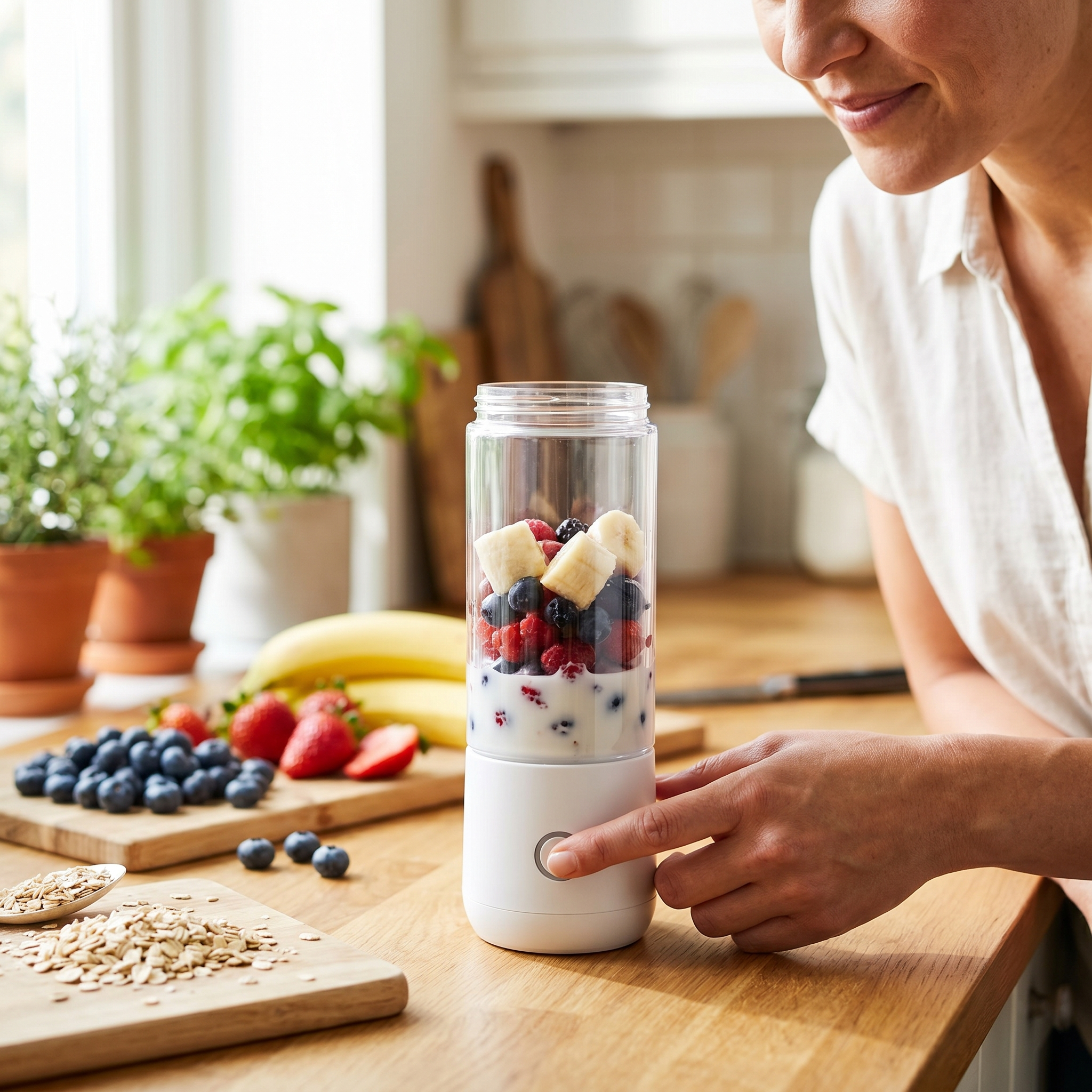 Person blending fruit in a portable blender cup