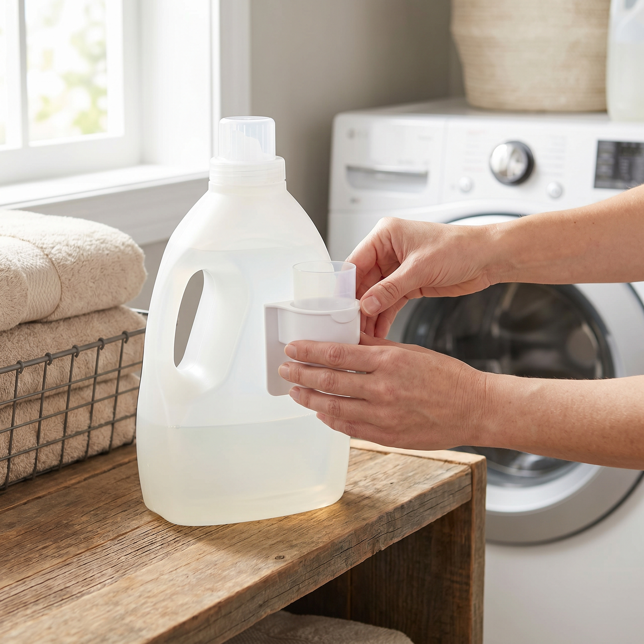 Person clipping a detergent cup holder onto a laundry detergent bottle