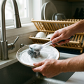 Person washing dishes with a soap dispensing dish brush
