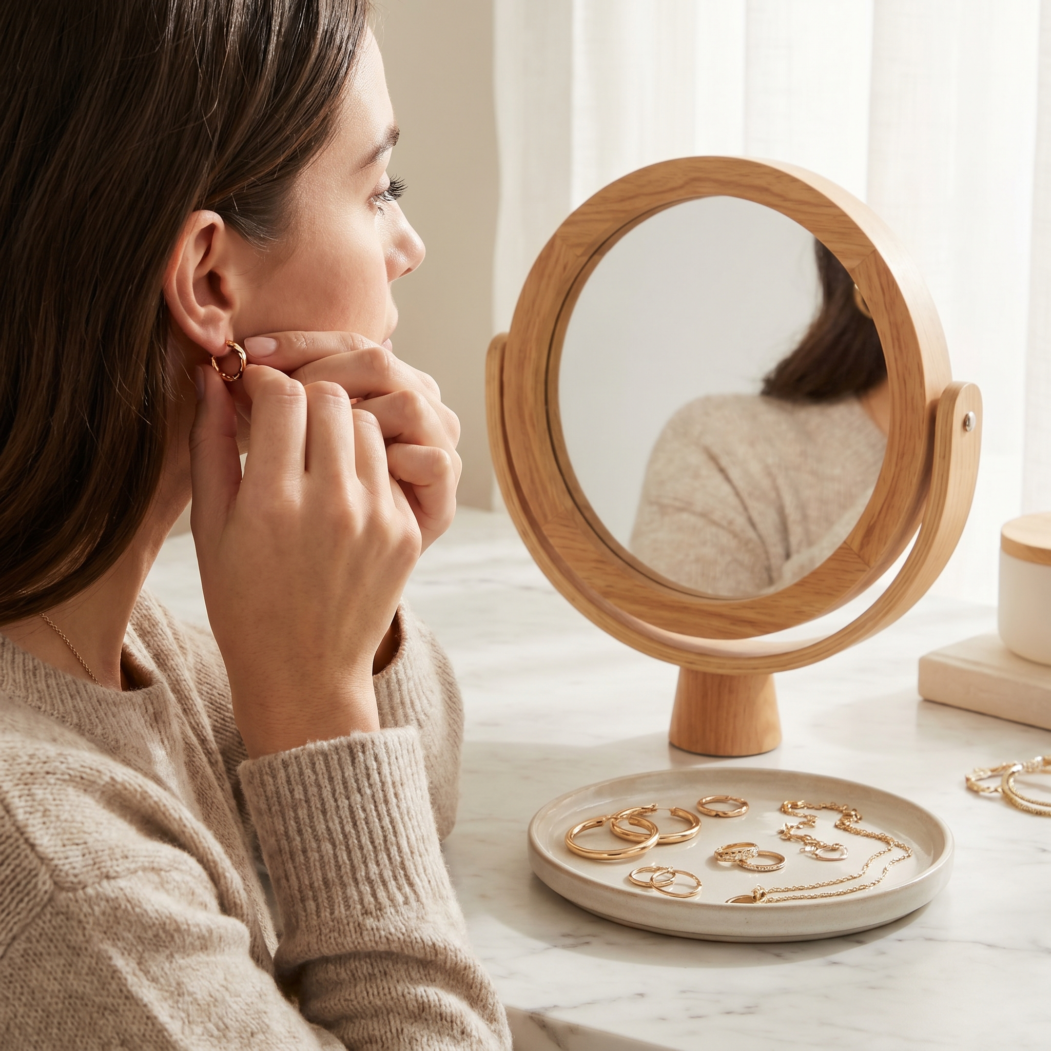 Person putting on a hoop earring in front of a mirror