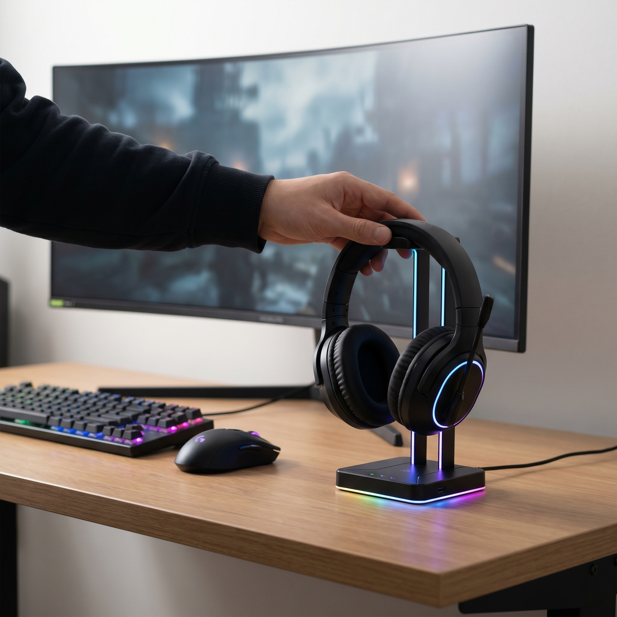 Person placing a gaming headset on an RGB headset stand